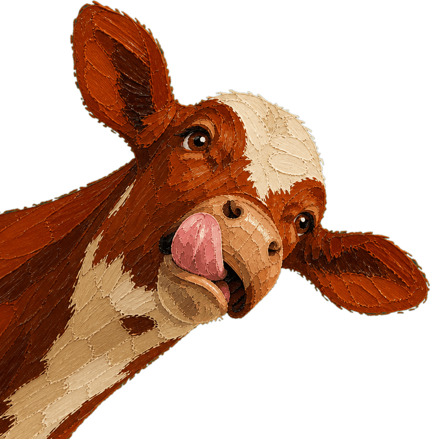 A second DataCow mascot: a red and white cow leaning in from the corner with her head tipped back and her tongue curling up to her nose, painted in the same naive folk-art oil style