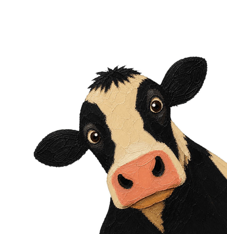 The DataCow mascot: a black and white Holstein cow with her head cocked to one side, leaning in from the corner, painted in a naive folk-art oil style